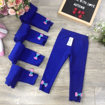 Quần legging nỉ da cá chun xe gấu nơ - xanh biển