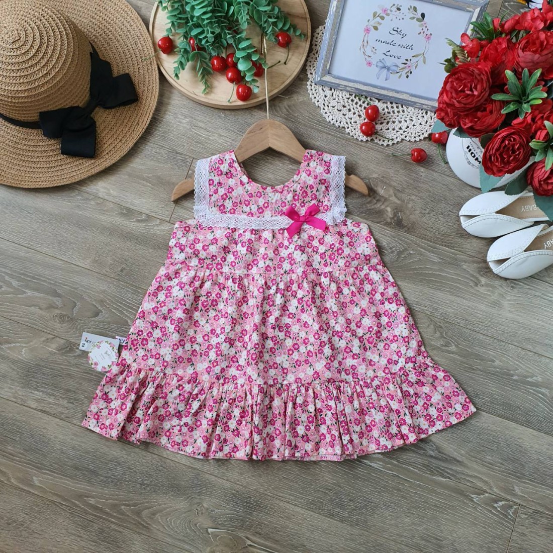 Váy hoa thô sát nách ren ngực size 2-6-